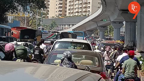 Heavy traffic congestion continues daily on Pune's Sinhgad Road due to ongoing flyover construction.