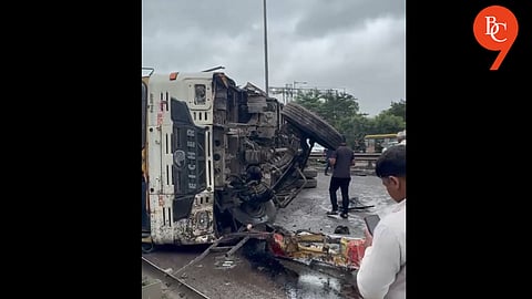 A container heading from Pune to Satara lost control near Velu village and collided with five vehicles including three two-wheelers.
