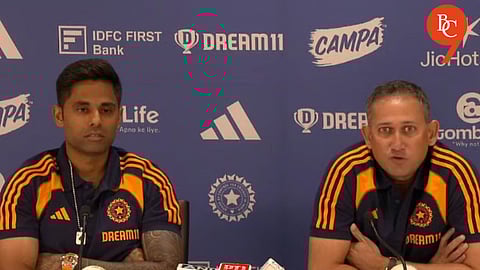 Suryakumar Yadav and Ajit Agarkar announcing the Asia Cup 2025 squad