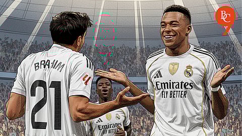 Vinicius Jr., Kylian Mbappe, Brahim Diaz celebrate a goal in their win against Villarreal