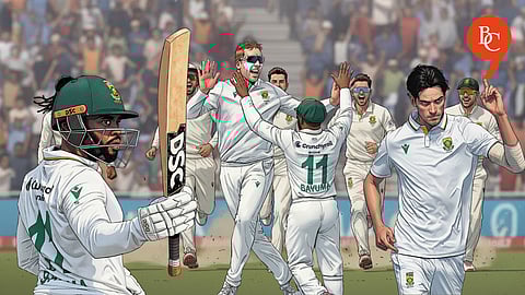 From the left: Temba Bavuma, Simon Harmer, Marco Jansen, South Africa defeat India, at Eden Gardens, 2025