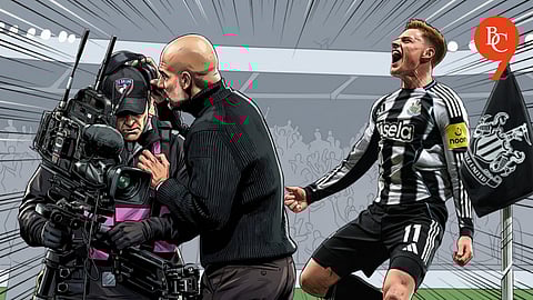 Pep Guardiola(L) and Harvey Barnes(R), Newcastle beats Man City 2-1, 2025