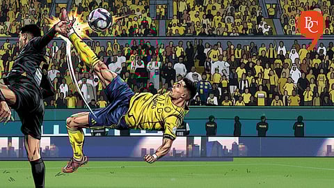 Cristiano Ronaldo scores a bicycle kick against Al Khaleej, in Saudi Pro League, 2025