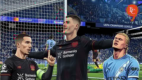 From the left: Alejandro Grimaldo, Patrik Schick, Erling Haaland, Man City defeat Leverkusen, UEFA Champions League, 2025