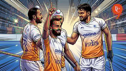 Indian hockey team players celebrate Sukhjeet Singh's goal