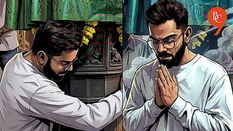 Virat Kohli embracing the "Kappa Sthamba" and offering prayers at Sri Varaha Lakshmi Narasimha Swamy temple, Simhachalam