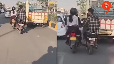 Viral Video From UP’s Fatehpur Shows Bike-Borne Men Harassing Schoolgirls on Busy Road, Apology Clip Surfaces From Custody