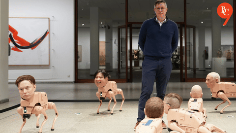 Robot dogs with Elon Musk and Mark Zuckerberg heads roam in a Berlin museum