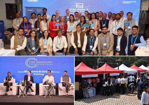 Top: India Water and Rivers Forum Maharashtra Chapter, Mumbai. Bottom left: The Godavari Investment and Impact Conclave, Nashik. Bottom right: Startup Expo at the Conclave