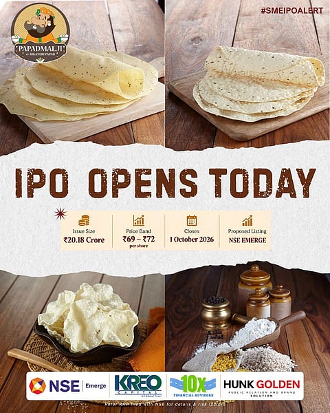 Backed by seasoned investors, Papadmalji Agro Foods Limited’s ₹20.18 crore SME IPO opens today; price band set at ₹69–72 per share