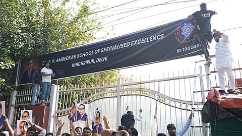 Delhi: AAP angered by removal of 'Ambedkar' name from school, reinstalls the old sign.
