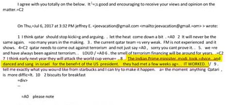  एपस्टीन ने 9 जुलाई 2017 को एक ईमेल लिखा था, जिसमें उसने कतर के  'Jabor Y' नामक एक प्रभावशाली व्यक्ति  को सलाह देते हुए पीएम मोदी का जिक्र किया।