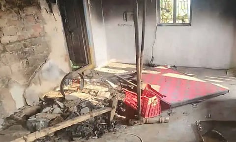 Burnt house of Anjali and Surender who married against the wishes of her family in Mancherial district