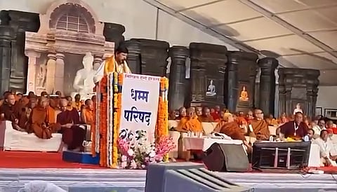 Union Minister of State for Social Justice and Empowerment Ramdas Athawale giving a statement on the historic Mahabodhi Mahavihara located in Gaya, Bihar.