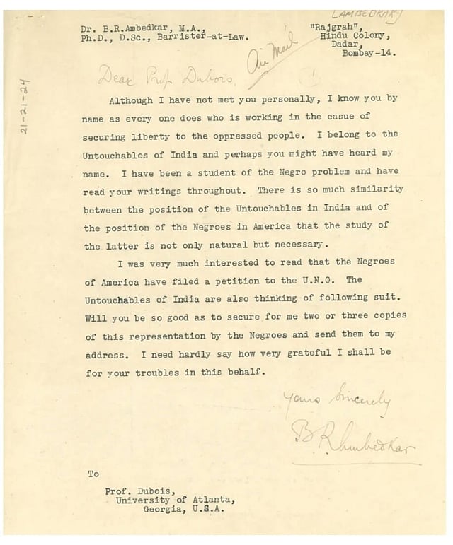 Letter written by Baba Saheb to Du Bois.
