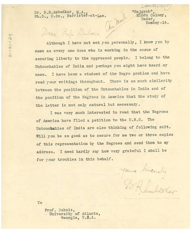 Letter written by Baba Saheb to Du Bois. 