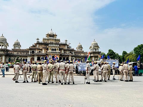 Police force deployed at Jaipur during Bharat Bandh on August 21.