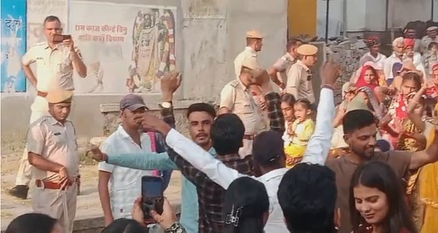 Policemen deployed during the Bindoli procession in Chittorgarh's village on April 15.