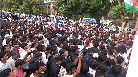 Students at Aligarh Muslim University protesting against a recent fee hike of 36 - 40 %. 