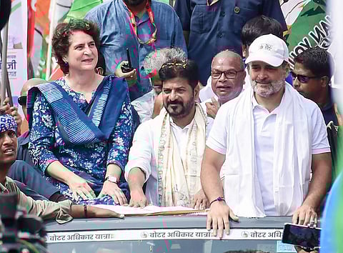 Lok Sabha LoP and Congress MP Rahul Gandhi, Congress MP Priyanka Gandhi Vadra during the ‘Voter Adhikar Yatra’ in Supaul, Bihar, on Tuesday, August 26.