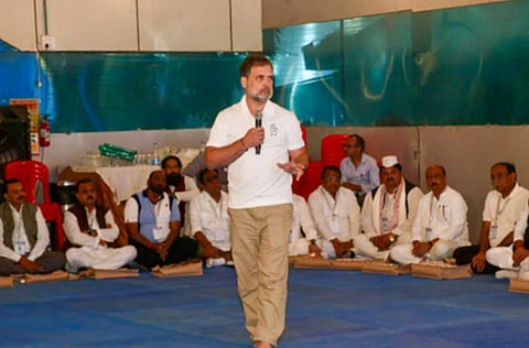 Rahul Gandhi addresses district and city presidents’ training camp under the ‘Organisation Creation Campaign’, at Ravishankar Bhavan, in Bhopal. 