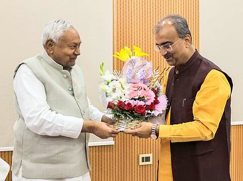 Bihar Minister and BJP leader Mangal Pandey meets Bihar Chief Minister Nitish Kumar to extend his best wishes on the NDA’s victory in the state Assembly elections, in Patna on Sunday