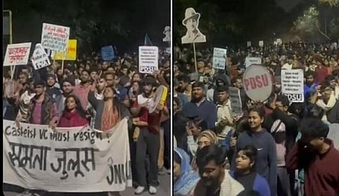 Students held a Samta Juloos on February 22, marching toward the East Gate near the VC's residence. JNUSU alleges ABVP members hurled stones, bricks, and attacked protesters with sticks at the SL-SIS Lawn encampment, injuring several and forcing many to shelter in the Central Library amid a "night of terror."