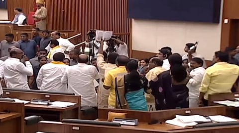 TDP MLAs protest at the Speaker's podium on Friday