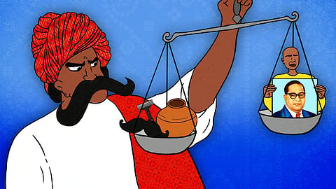 A man with a moustache holding a weighing scale with Dalit symbols on it