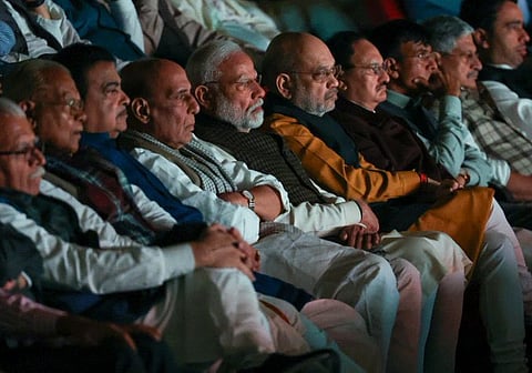 PM Narendra Modi and Home Minister Amit Shah with Union ministers and NDA MPs at the screening