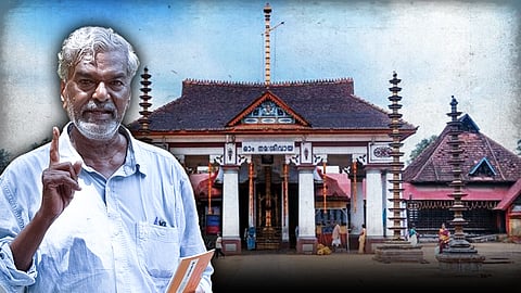 On the left is Kannada writer and Dalit activist Devanoor Mahadeva, against the backdrop of the Vaikom temple in Kerala's Kottayam district.  