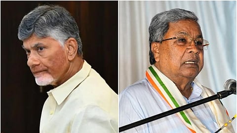A collage of Andhra Pradesh CM Chandrababu Naidu on the left in side profile wearing an off-white shirt, Karnataka CM Siddaramaiah on the right speaking into a mic wearing a white shirt, off-white scard with a tricolour border