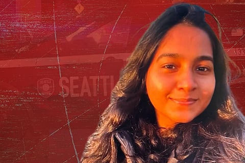 Jaahnavi Kandula before a red stylised background of a Seattle Police patrol car.