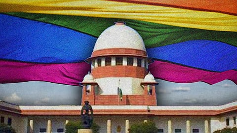 Supreme Court against the backdrop of rainbow flag