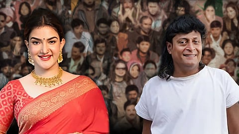 A picture of actor Honey Rose on the left and Boby Chemmanur on the right in the foreground and people in the background
