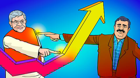 An illustration showing Union Railway Minister Ashwini Vaishnaw & Thriveni Earthmovers Managing Director B Prabhakaran pointing at each other with their right hands, with an arrow showing upward growth in the middle