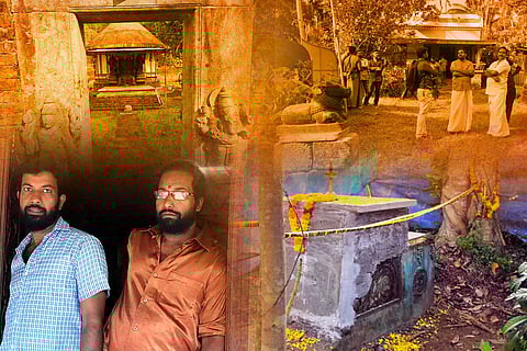 Two men Sanadan and Rajasenan, Gopanswami sons, stand before a temple, with an image of a man in a white shirt displayed nearby.