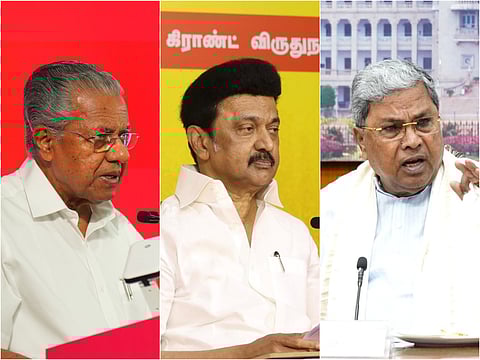 A collage of three Indian political leaders: Kerala Chief Minister Pinarayi Vijayan speaking against a red backdrop, Tamil Nadu Chief Minister MK Stalin seated with a yellow background, and Karnataka Chief Minister Siddaramaiah gesturing during a discussion.