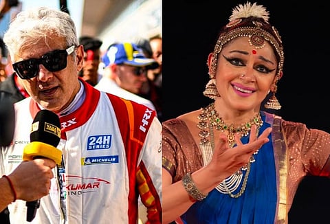 A collage of actors Ajith Kumar and Shobhana Chandrakumar. Ajith is wearing a white car racing suit and dark sunglasses, while speaking to media persons. He is surrounded by crowds. Shobhana is Bharthanatiyam attire. She is wearing a peacock blue saree with gold borders and jewellery and is in a dance pose.  