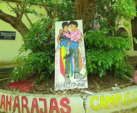 A colourful mural on a board shows two people embracing under a large tree. One of them is wearing a rainbow cape. The board reads Pride Fest and Maharajas College Union. The surrounding area has painted stones and  green foliage.
