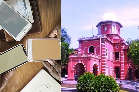 A collage of mobiles phones on the left and a file photo of Anna University on the right. Three mobile phones are being held in the hand. Notebooks with fuzzy writing can also been seen. One the right, the Anna University building is painted bright red and surrounded by a garden.