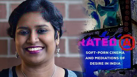 A collage of academic Darshana Sreedhar Mini and the cover of her book ‘Rated A: Soft-Porn Cinema and Mediations of Desire in India’