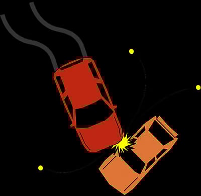 An illustration of a road accident.A red car hits a beige car. A yellow star-like shape to indicate the impact where the two cars touch. 
