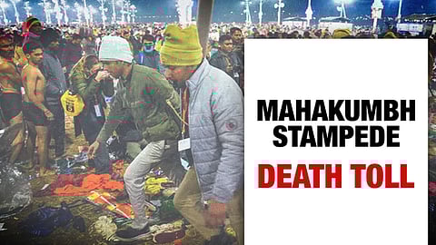 A notice saying ‘Mahakumbh Stampede: Death Toll’ with a photograph from the incident.