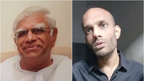 This image is a side-by-side collage of two men. The man on the left is Velamati Janardhan Rao, with white hair, thick white eyebrows, and glasses. He is wearing a white traditional outfit and has a gentle smile. The man on the right is his grandson Kirti Teja, with a shaved head and a thin beard, wearing a black button-up shirt. He has a serious or contemplative expression and is looking slightly away from the camera. The background in the left image is neutral and well-lit, while the right image has dimmer lighting and a plain background.







