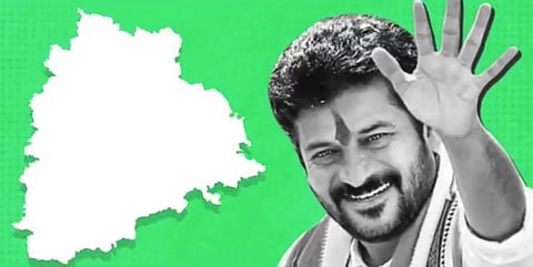 A black and white visage of Revanth Reddy next to a Telangana map