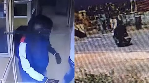 Grainy CCTV footage showing a masked individual entering a building and fleeing on a motorcycle