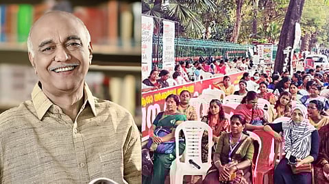 Elamaram Kareem on the left and Asha workers protesting on the right.