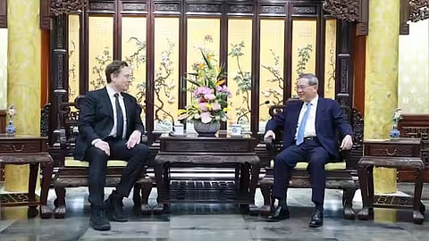 Elon Musk meets with Chinese Premier Li Qiang in Beijing on April 28, 2024. 