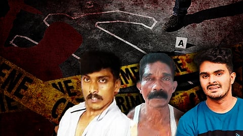 The image is a digitally edited crime-related collage. It features a crime scene background with a chalk outline of a body, crime scene tape, and a shadowy figure holding a weapon. Superimposed on this background are three portraits of accused men, Ashik, Benny and Afan, arranged prominently in the foreground. The overall color scheme and design suggest a news-style crime report. 